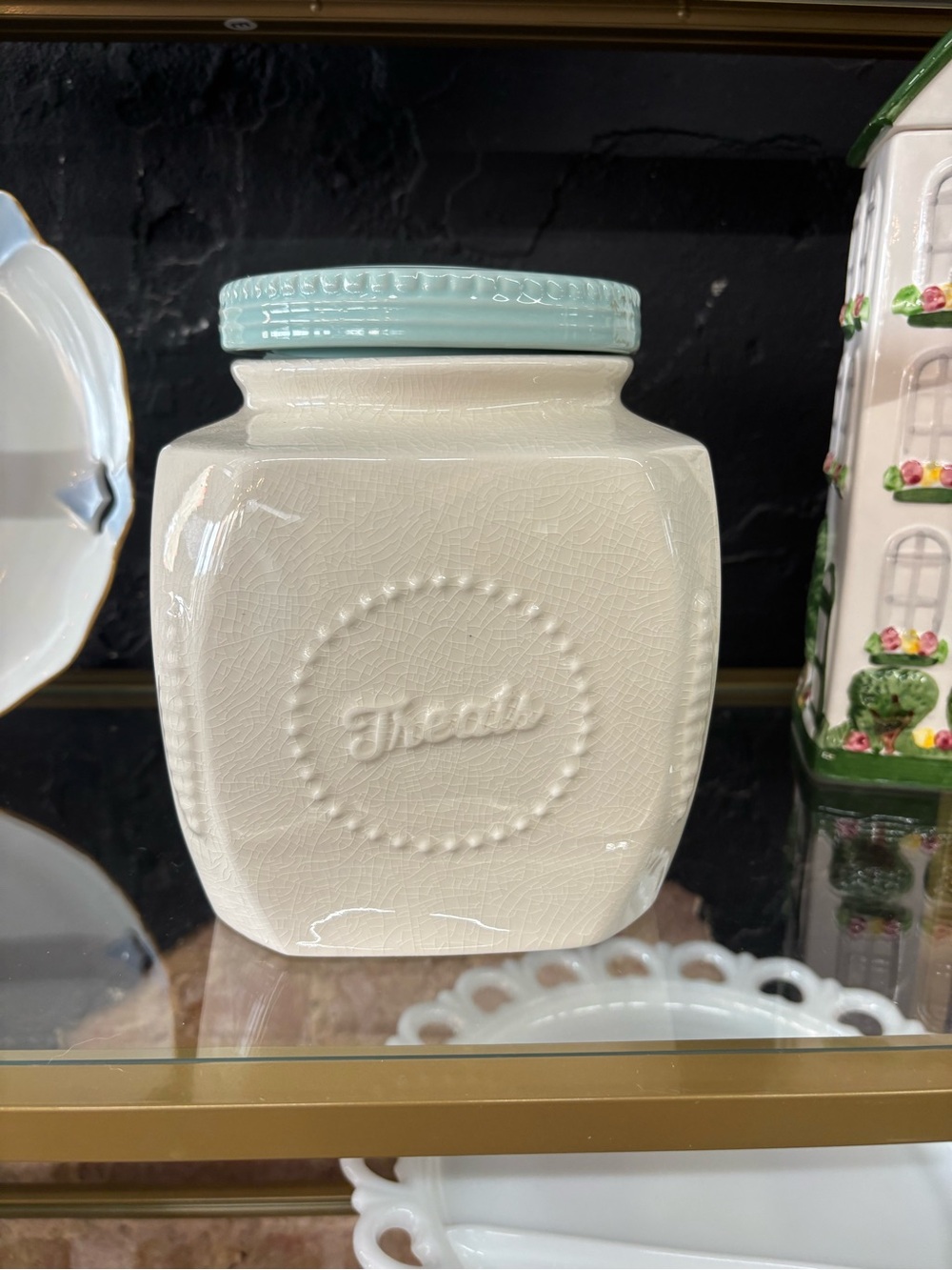 SCM Designs Vintage-Style Ceramic TREATS Jar-Winter White Robin Egg Blue Lid